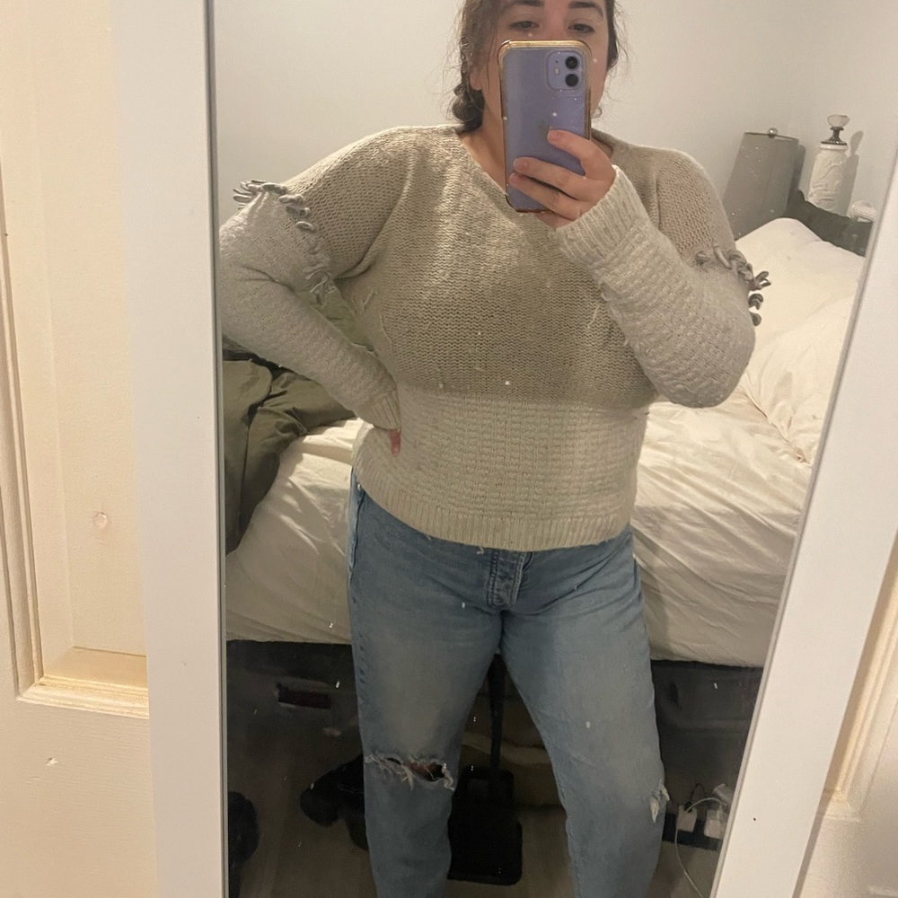 Madewell Neutral Colorblock Fringe Pullover Sweater